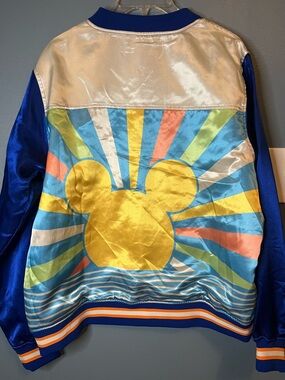 Disney Silver and Blue Satin Jacket with Gold Ring Zipper size Large